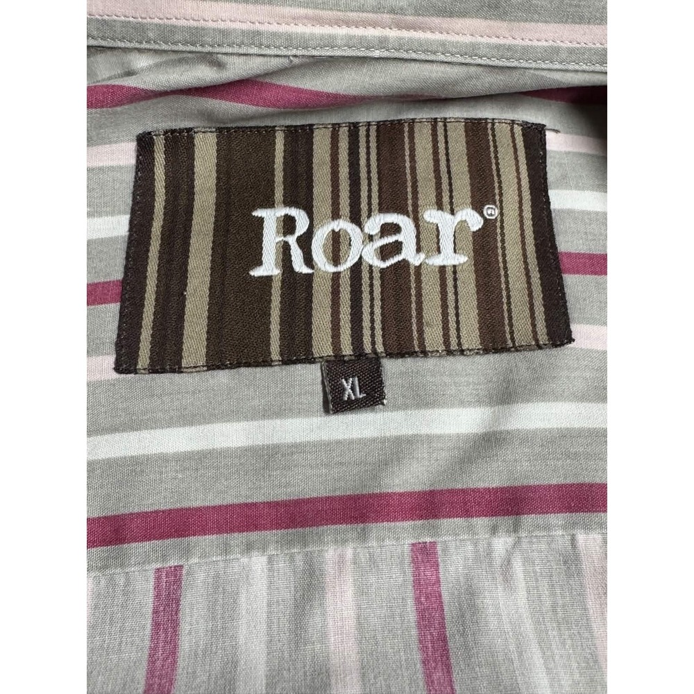 Roar Mens M Button up Shirt Short Sleeve Striped Grey Pink White
